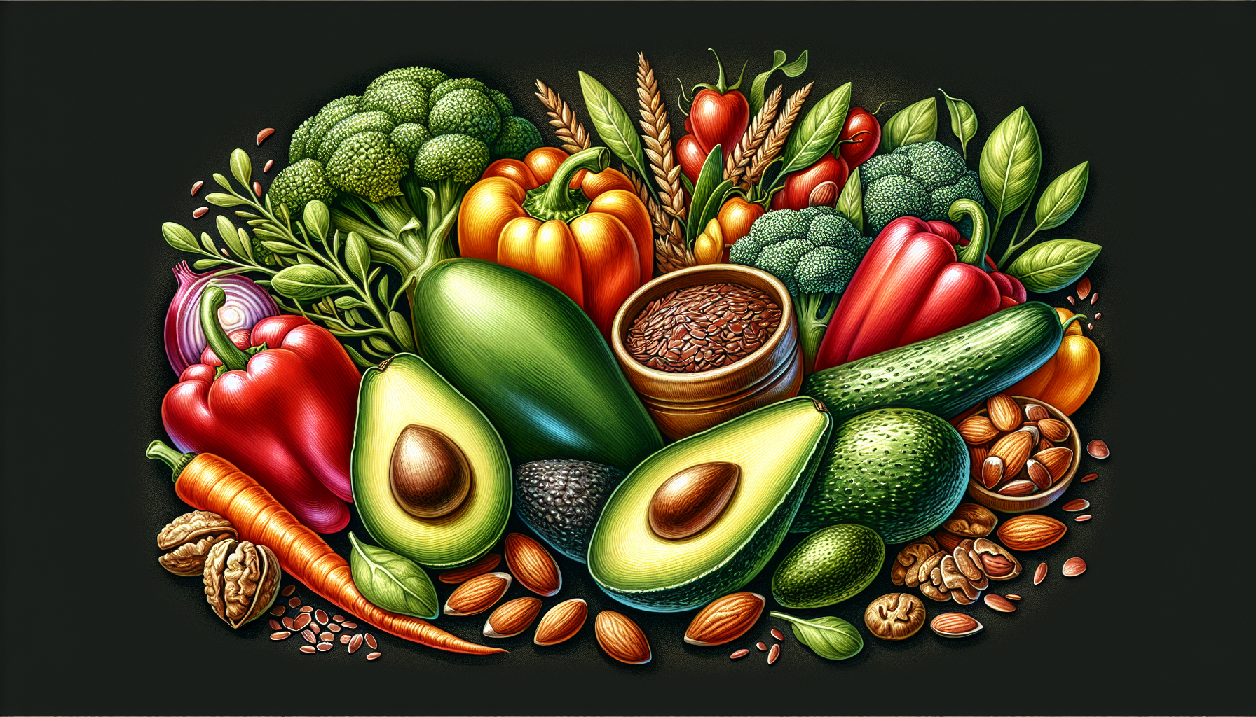 Illustration of a variety of low-carb vegetables and nuts