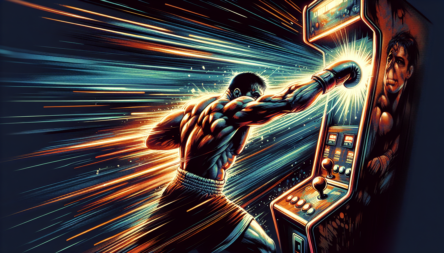 Illustration of a record-breaking punch on a boxer arcade machine