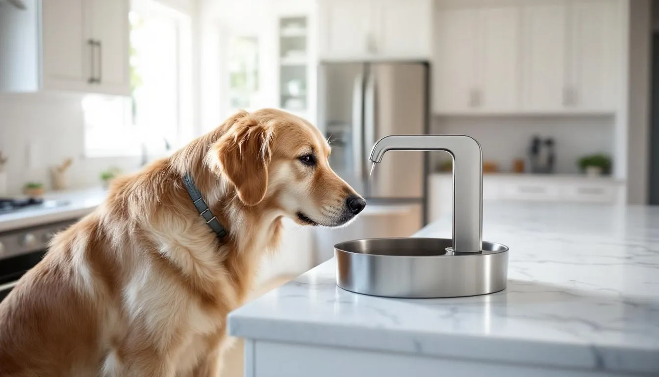 A dog is happily drinking from a modern stainless steel pet water fountain in a bright kitchen, showcasing the running water feature that keeps the water fresh and clean for pets. The sleek design of the water fountain encourages hydration and is ideal for multiple pets.
