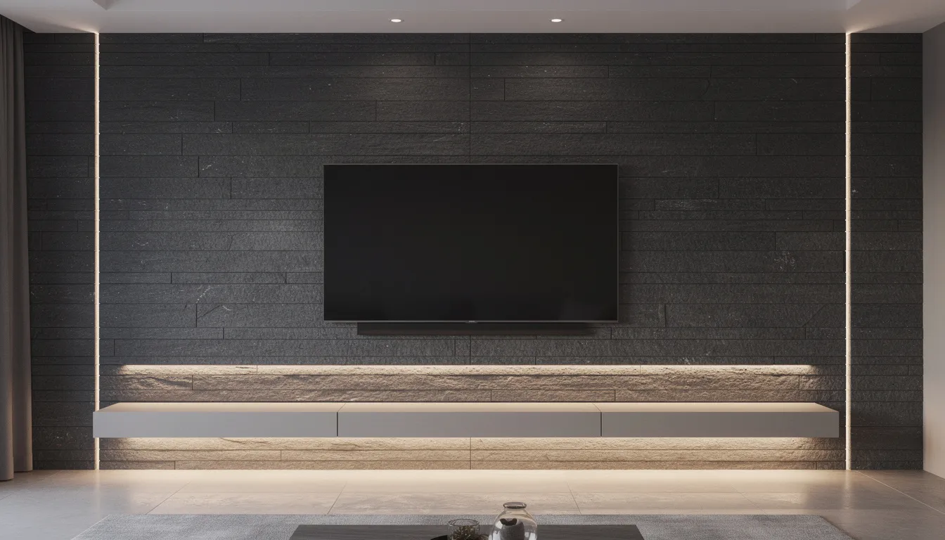 Een strakke donkergrijze stenen wand met een ingebouwde tv en sfeerverlichting, die een luxe uitstraling en moderne sfeer aan de woonkamer geeft. De wandbekleding van natuursteenlook en de zelfklevende steenstrips zorgen voor een onderhoudsvriendelijke en stijlvolle accentmuur.
