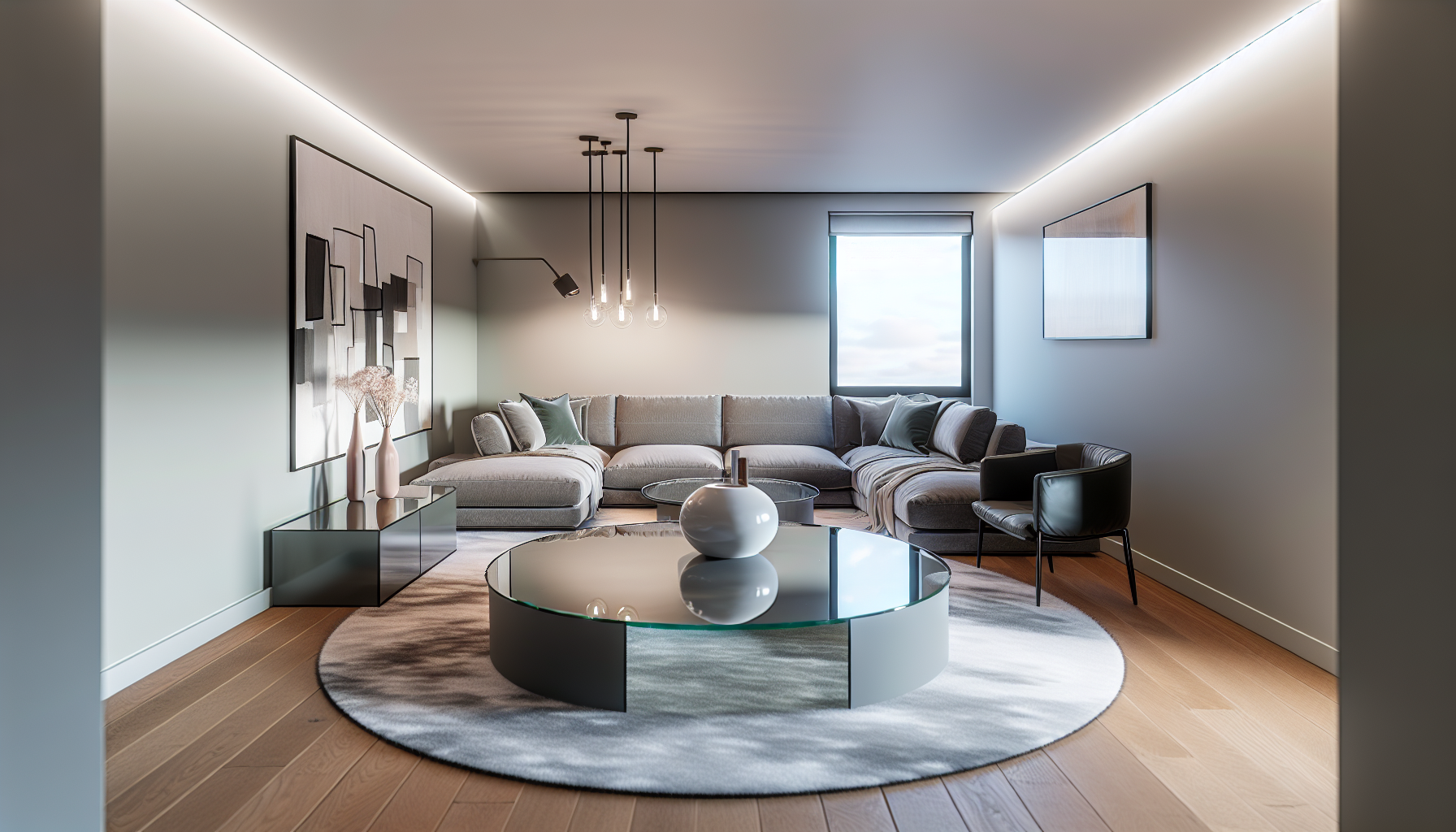 A modern living room with a stylish round coffee table
