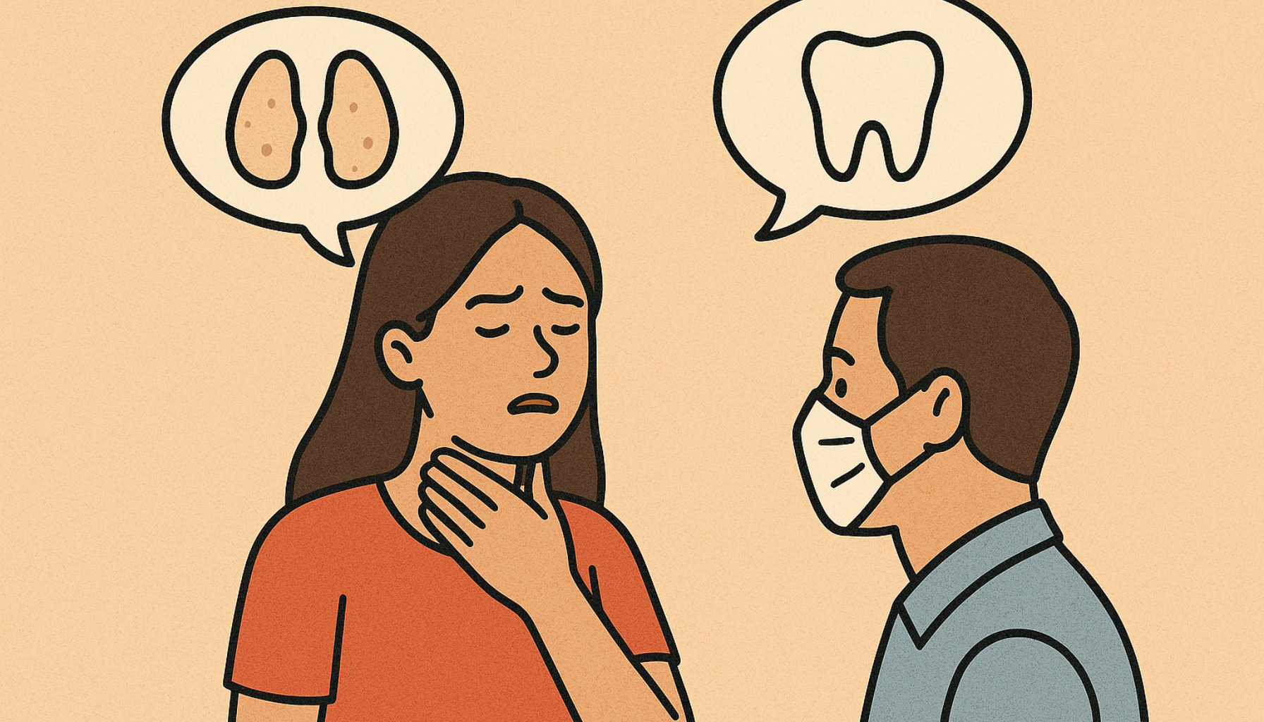 Bekymret kvinne med vond hals peker på strupen mens hun snakker med en tannlege med maske og tenner i tankebobler.