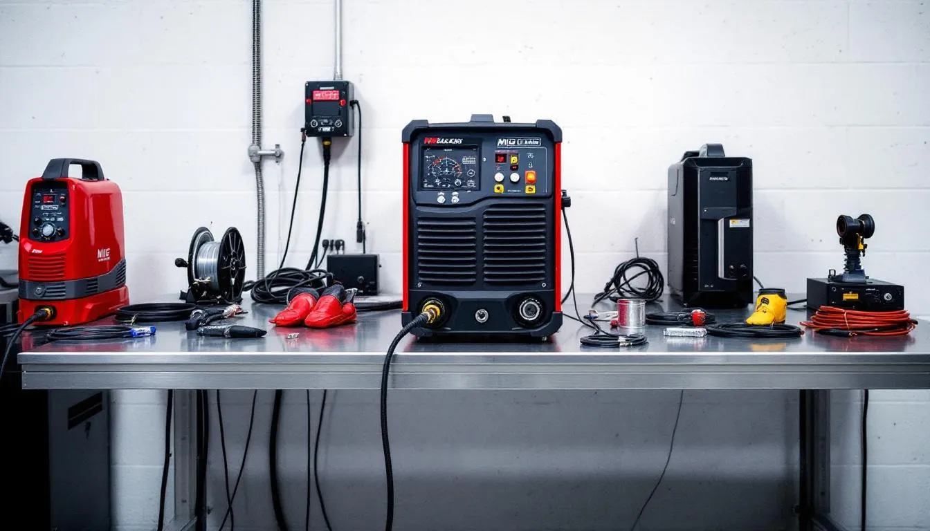 Setting up a MIG welding machine with various components laid out.