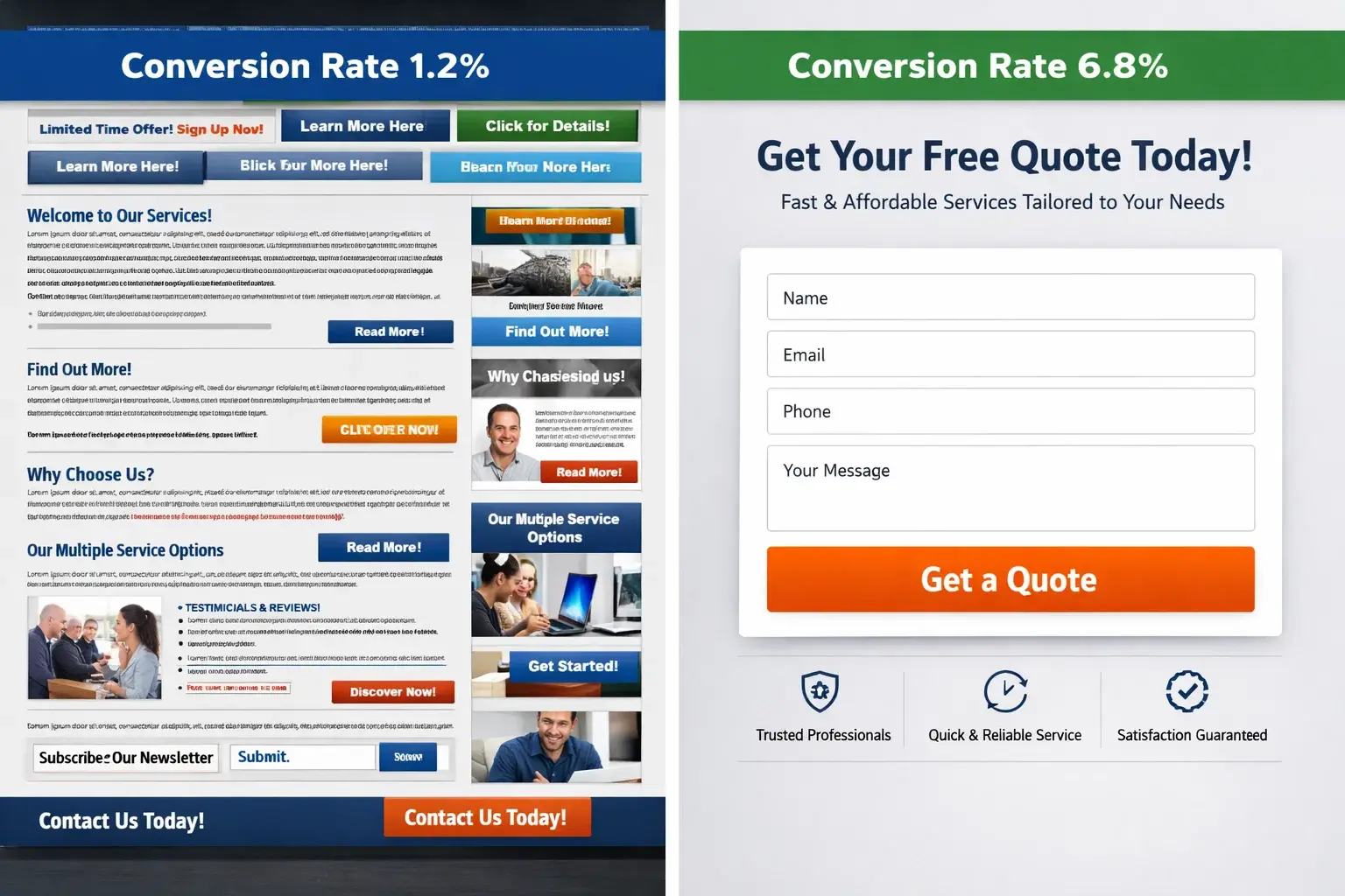 Comparison of poor and high-converting landing pages with clear conversion rate differences