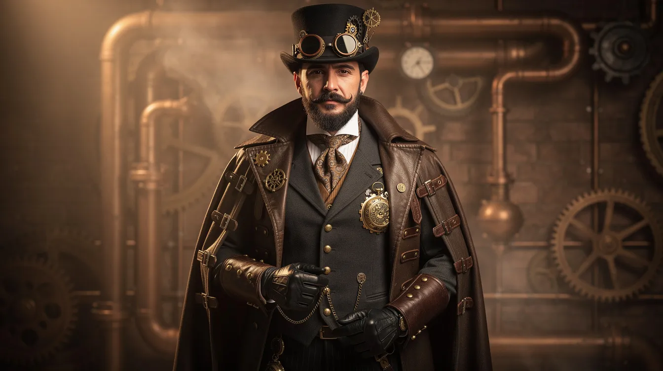 Ein Mann trägt ein elegantes Steampunk-Gentleman-Outfit, bestehend aus einer stilvollen Weste, einem Zylinder und einer Taschenuhr. Sein Look kombiniert Elemente des Retro-Futurismus mit typischen Steampunk-Accessoires, die an eine Welt voller Dampfmaschinen und Abenteuer erinnern.