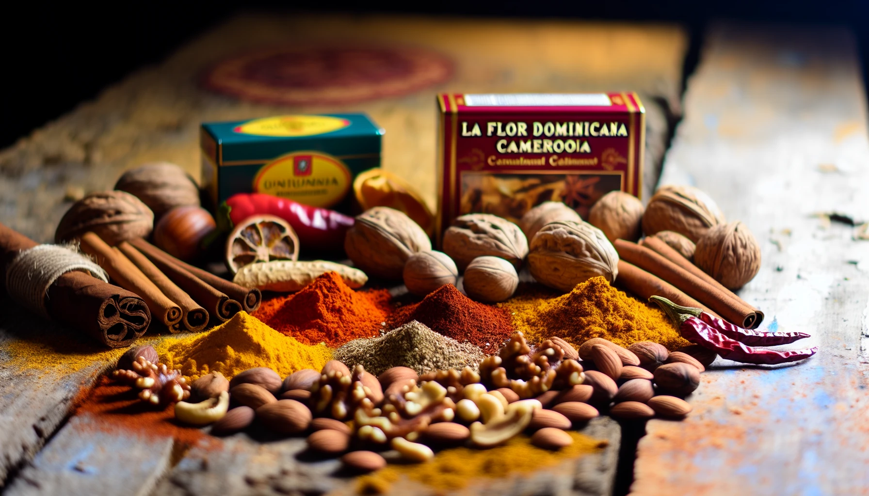 A selection of spices and nuts arranged in an artistic manner