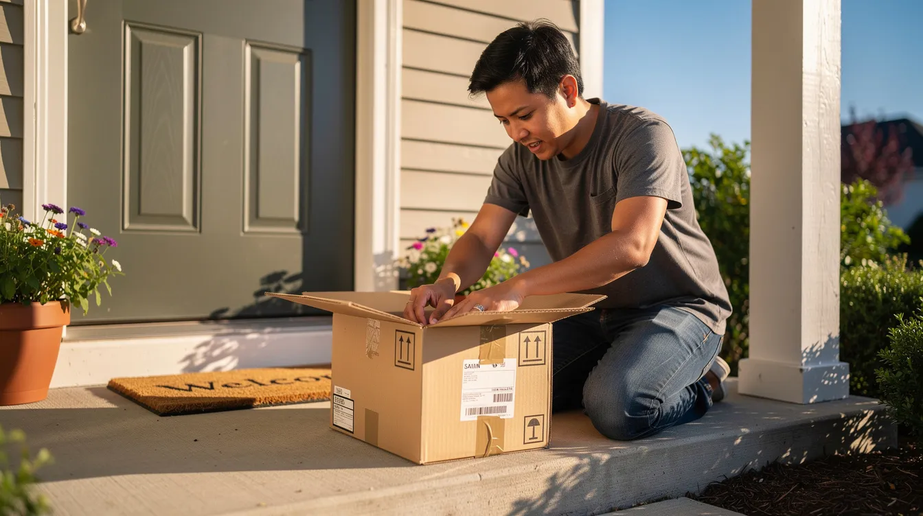 A person is seen opening a delivered package on their front porch on a sunny day, surrounded by a peaceful neighborhood. The scene captures a moment of anticipation, possibly hinting at the arrival of hemp-derived products or other legal items related to cannabis, reflecting the ongoing discussions about regulations in Missouri.