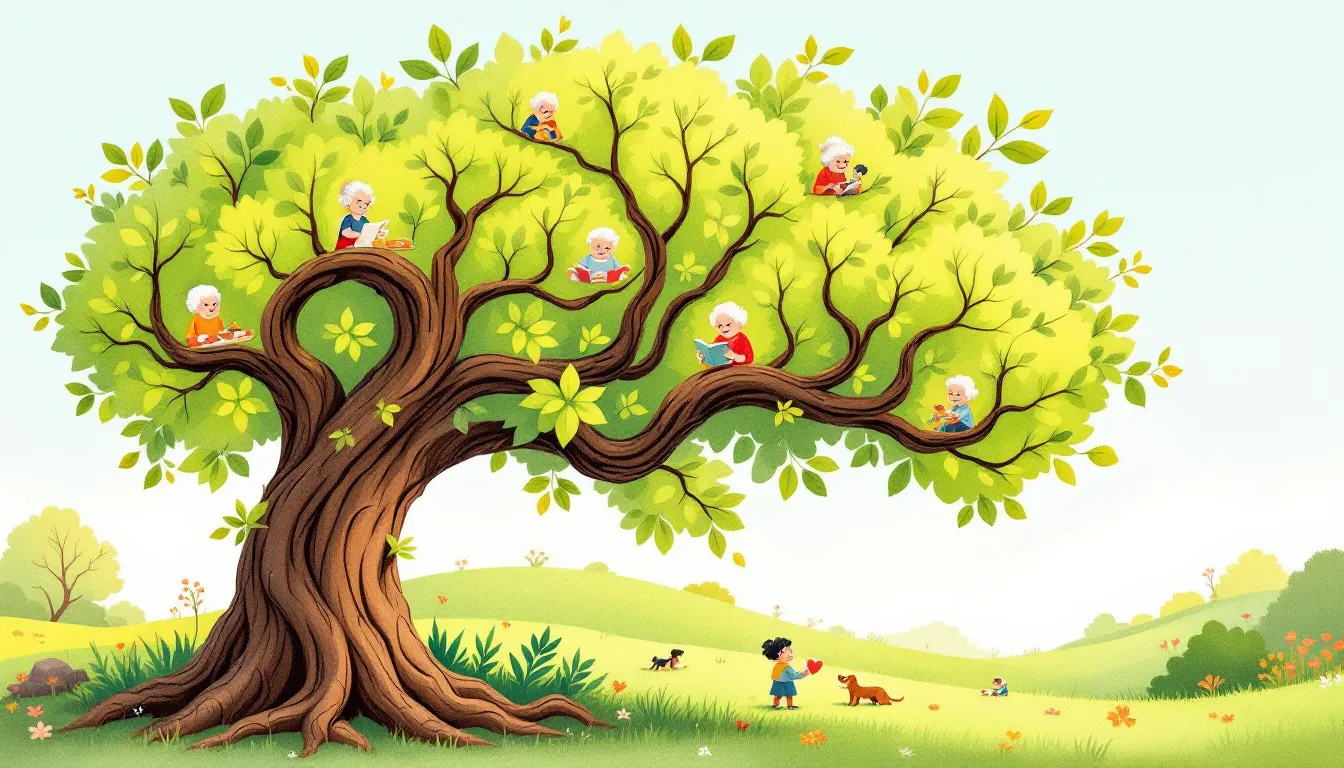 An illustrated family tree showcasing personalized stories for grandparents.