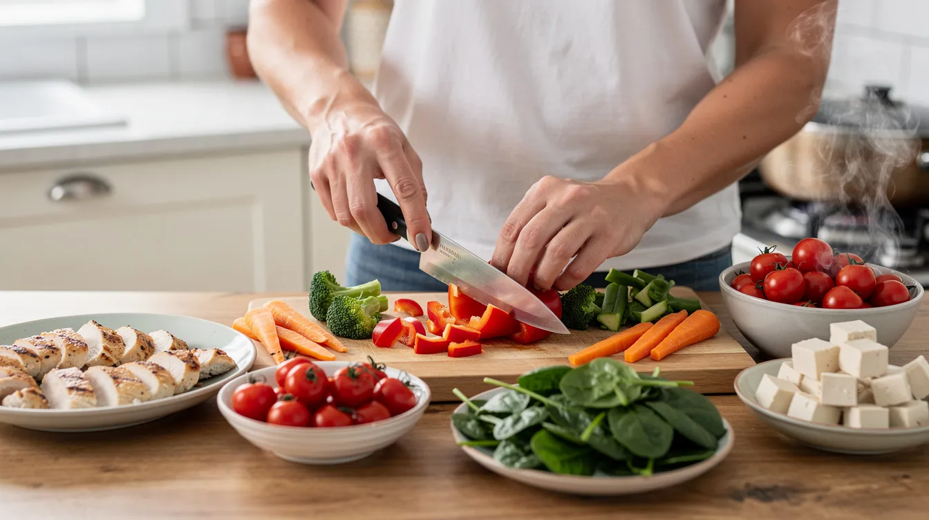 A person is preparing a vibrant and healthy meal filled with colorful vegetables and lean protein, emphasizing the importance of nutrition for brain health and overall well-being. This meal showcases a commitment to long-term health and the benefits of a balanced diet in supporting cellular health and energy production.