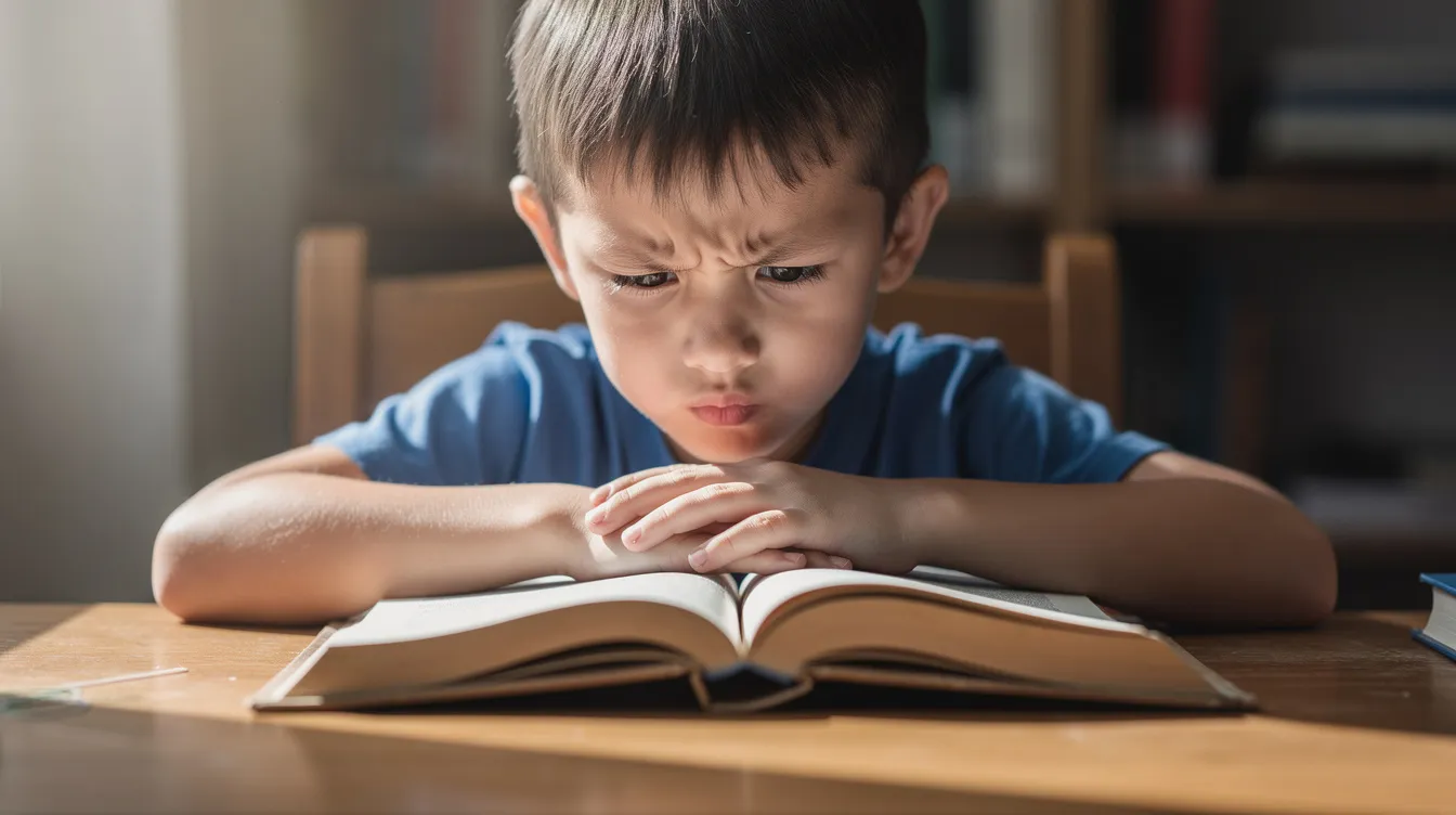 A child is sitting at a desk, deeply focused on reading a book, with a look of concentration on their face, showcasing their effort to improve reading fluency and strong reading comprehension skills. This scene highlights the importance of developing academic skills in young learners as they engage in independent reading.