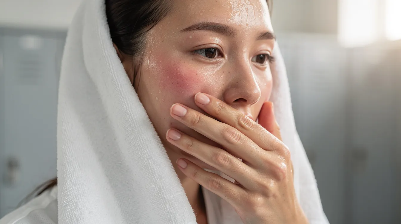 A person with sensitive skin is gently drying their face after a workout, taking care to avoid sweat-related irritation that could lead to skin reactions. They are focusing on their skincare routine to manage sensitive skin and protect the skin's protective barrier.
