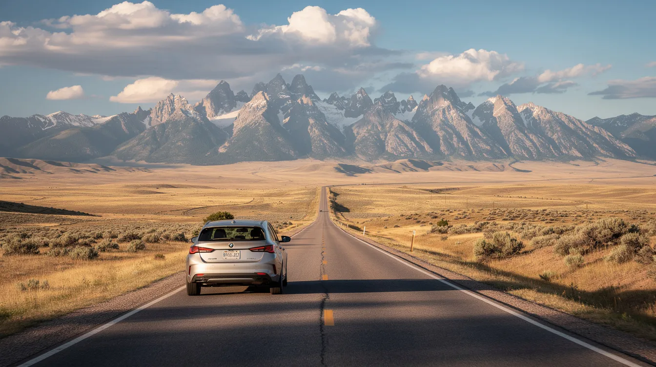 A car is seen driving along an open highway in Wyoming, with vast landscapes and majestic mountains in the background. This scene evokes a sense of freedom and adventure, contrasting with the financial burdens of car loans and the complexities of bankruptcy processes that some may face.