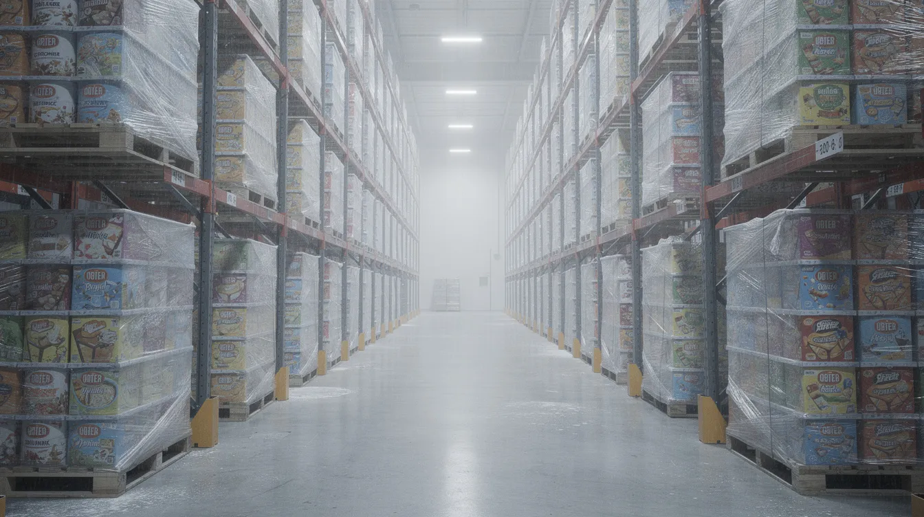 The image depicts a cold storage warehouse filled with industrial shelving, stacked high with pallets of frozen ice cream products, showcasing the efficient production and storage processes essential for ice cream manufacturing. This setup ensures consistent quality and food safety, meeting the rising demand in the market.
