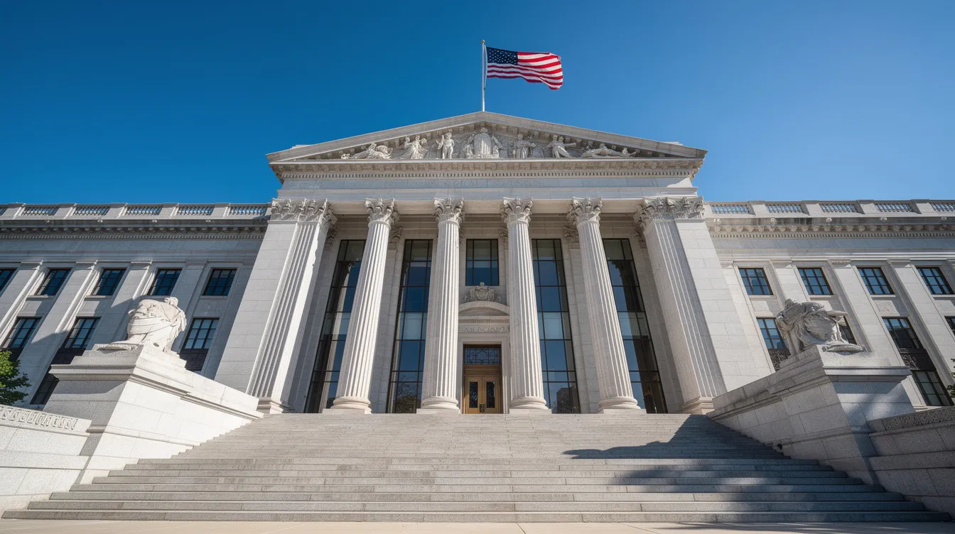 The image depicts a grand stone federal courthouse building featuring tall columns and an American flag, captured from a low angle on a clear day. This iconic structure symbolizes the federal court system, where federal litigation attorneys handle a broad range of legal issues, including business disputes and complex civil litigation.