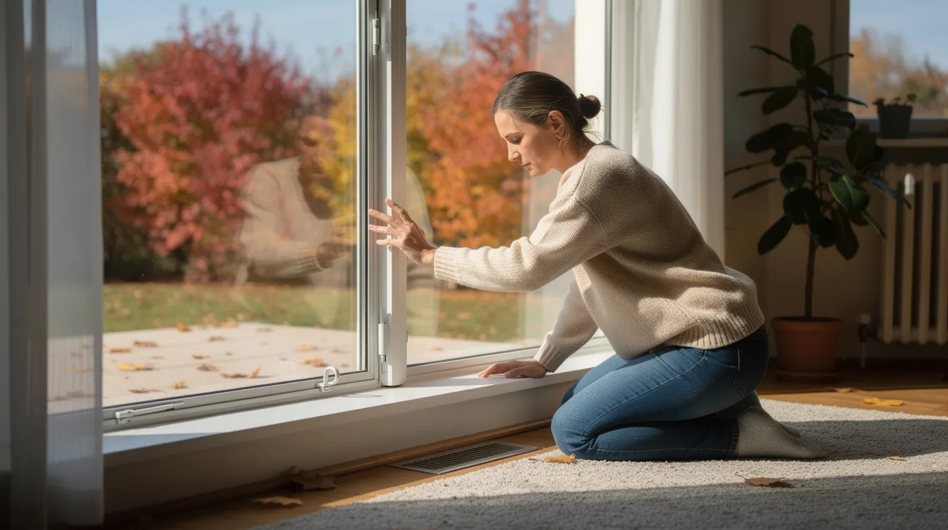 A homeowner is kneeling by a window on a crisp autumn day, inspecting for air leaks that could let in cold air as colorful leaves flutter outside. This fall home maintenance task is part of a checklist to ensure the heating system is ready for the winter weather ahead.