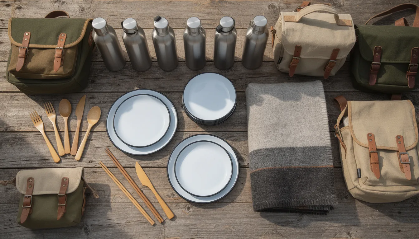 An overhead view of a wooden table displays an array of eco-friendly camping gear, including stainless steel water bottles, enamel plates, bamboo utensils, a cozy wool blanket, and durable canvas bags, all ideal for a plastic free camping experience. This setup emphasizes sustainability and reduces plastic waste for your next camping trip in the great outdoors.