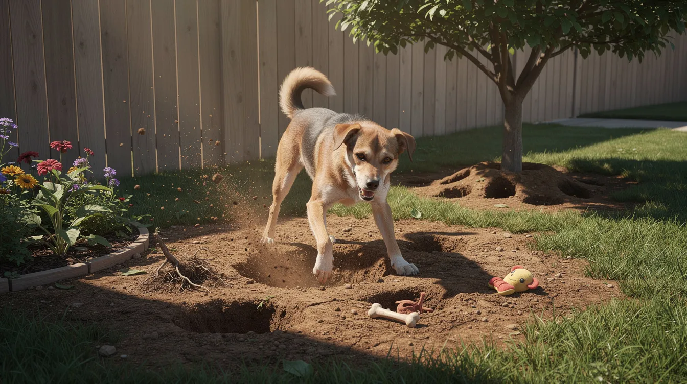 The image depicts a dog energetically digging a hole in the dirt of a backyard, showcasing its natural digging behavior. Surrounding the dog are scattered toys and flower beds, illustrating common reasons for this instinctive behavior, such as boredom and the need for physical exercise.