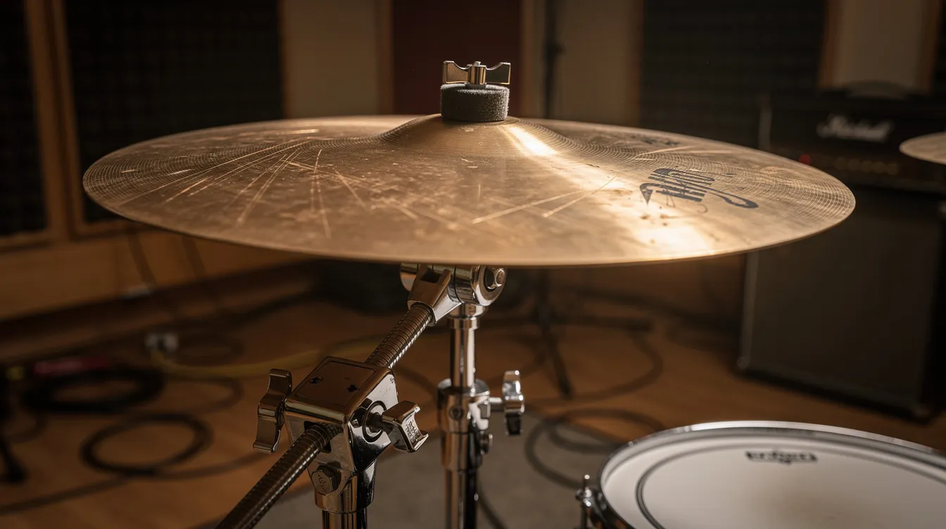 Gros plan sur une paire de cymbales hi-hat en bronze montées sur un pied chromé avec pédale, dans un studio de répétition, mettant en avant la finition métallique et le rôle essentiel des cymbales dans un ensemble de batterie.