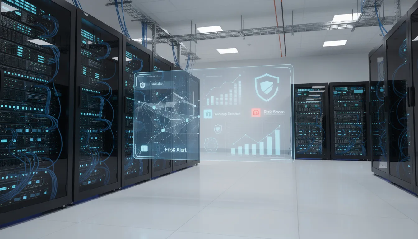 The image depicts a modern data center filled with rows of server racks, symbolizing an advanced antifraud detection infrastructure designed to manage multiple accounts effectively. This setup supports various mobile and web applications, enhancing security and reducing detection risk for users managing their digital identities across multiple devices.