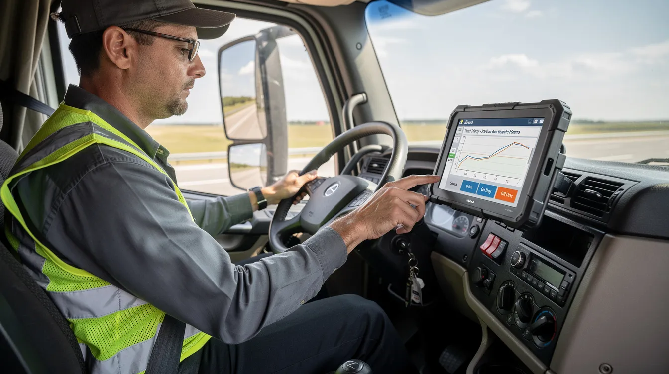 ELD Devices: A commercial truck driver is seated in the cab, actively using a tablet-style electronic logging device (ELD) mounted on the dashboard. This ELD system helps the driver monitor their duty status and comply with hours of service regulations, ensuring efficient fleet management and safety in commercial motor vehicles.