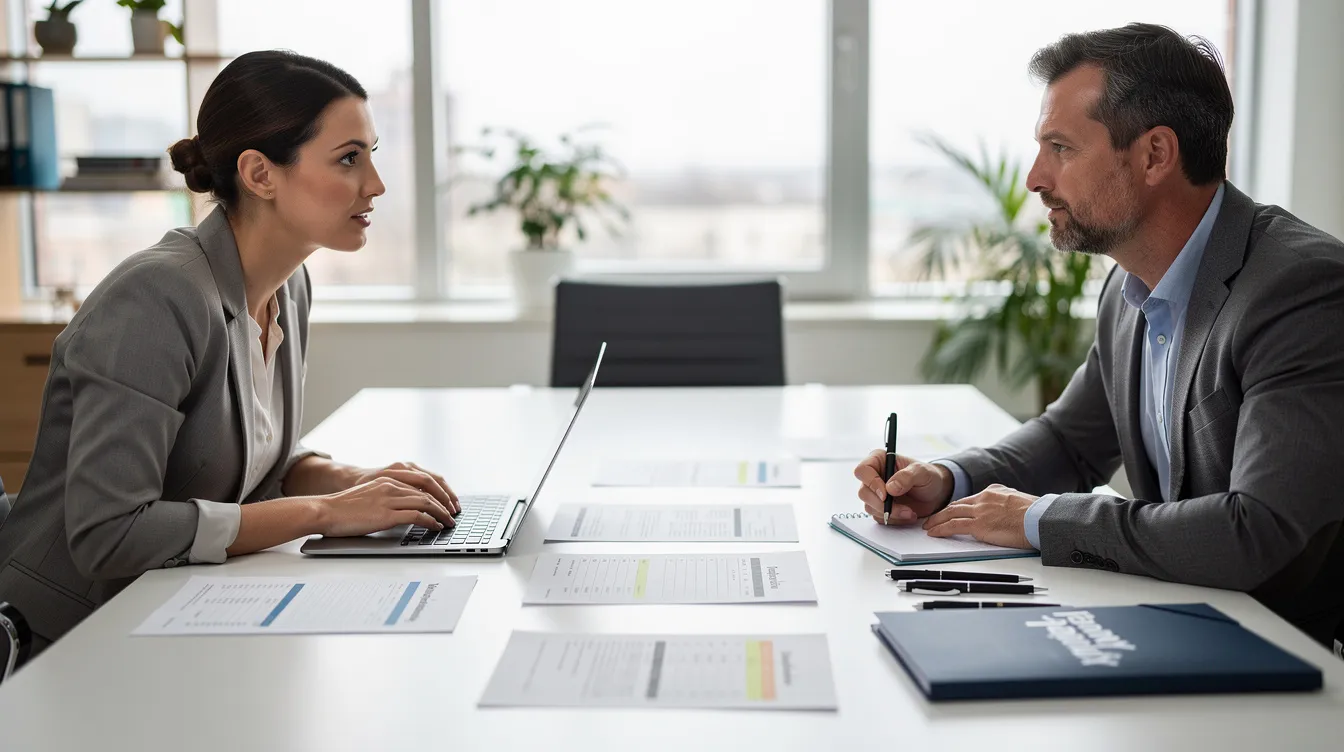 The image shows two parents engaged in a professional discussion across a table, reviewing documents related to child support and custody arrangements. This setting highlights the importance of legal guidance in family law matters for ensuring the well-being of their child.