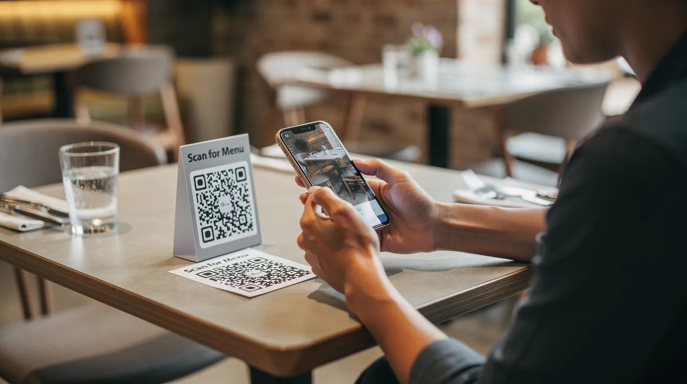 A customer is scanning a QR code on a restaurant table with their smartphone, engaging with a digital loyalty program that aims to attract new customers and enhance customer retention. This marketing strategy is an effective way for local businesses to connect with their target audience and increase sales through rewards and exclusive deals.