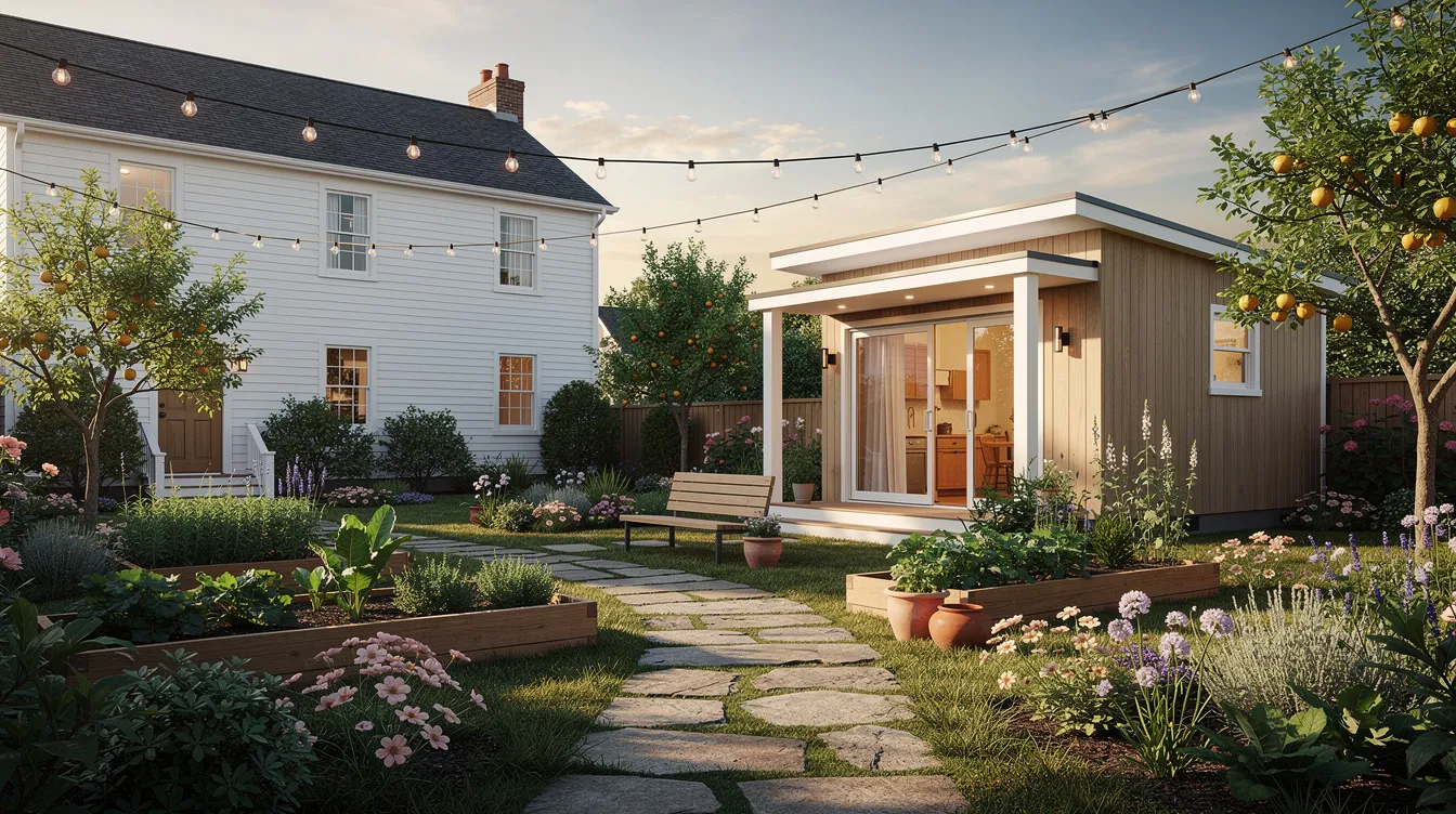 The image features a small backyard cottage, designed as an accessory dwelling unit, situated next to a larger main house, with a lush garden area in between. This tiny house exemplifies the potential for affordable housing options on private land in Washington state, adhering to local building codes and zoning regulations.