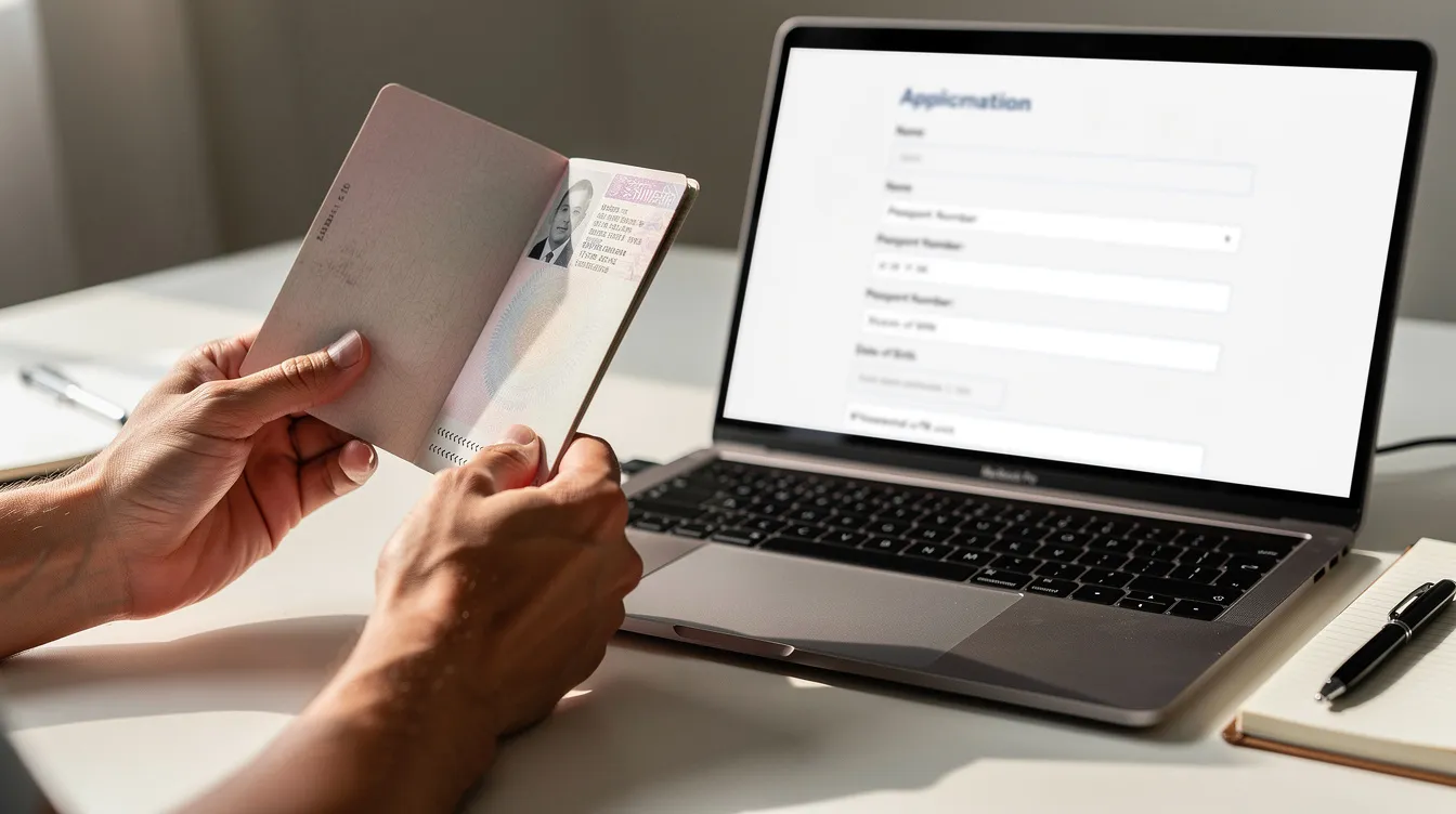 A close-up image shows hands holding an open passport next to a laptop displaying an online visa application form, highlighting the process of applying for a tourist e visa. The passport details are visible, emphasizing the importance of accurate documentation for a successful visa application.
