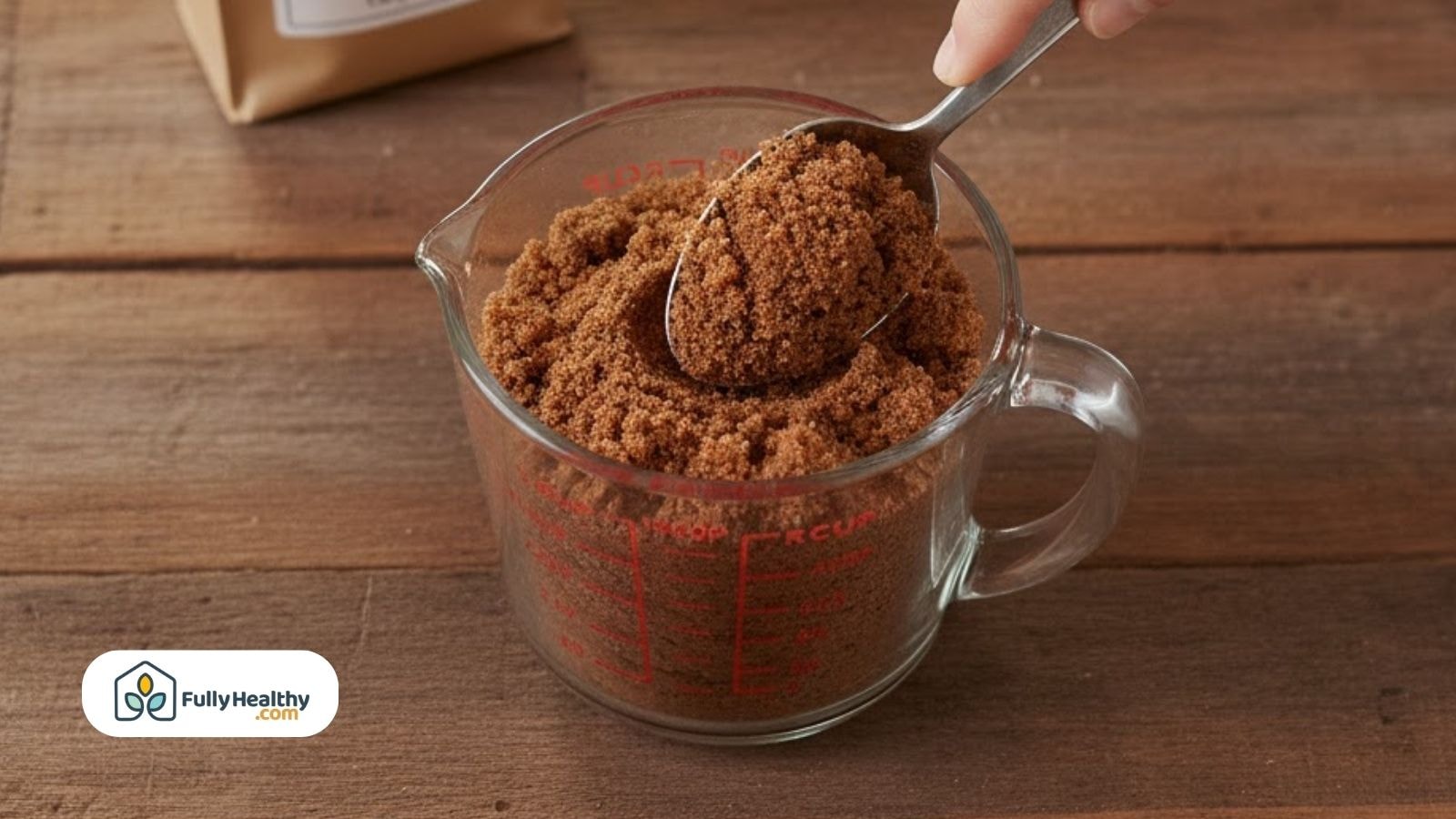 Brown sugar measured in cup showing packed brown sugar.