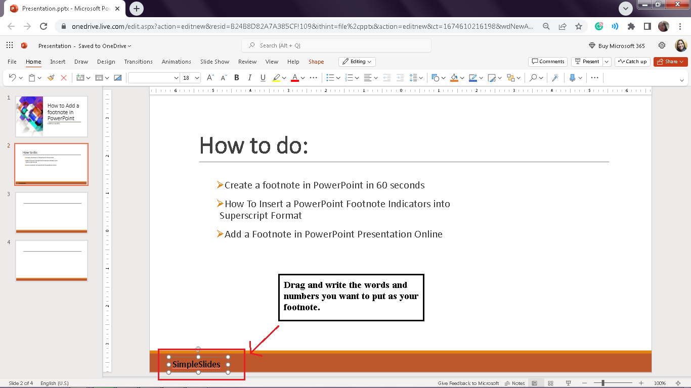 Drag and input the words or number you want to use as your footnote.