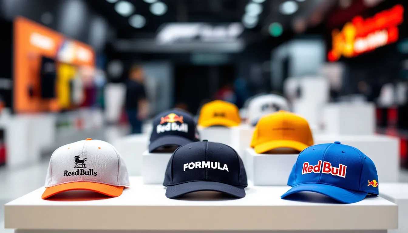 An array of Formula 1 merchandise including hats and shirts, with a blurred branded product in the background.