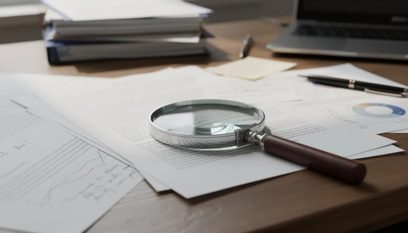 The image shows a magnifying glass closely examining paper documents on a desk, which may include diplomas or transcripts, highlighting the importance of verifying the authenticity of educational credentials. This scene emphasizes the need for academic integrity in obtaining qualifications from accredited institutions.