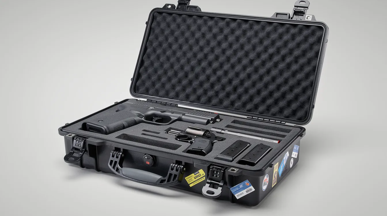 The image depicts a collection of firearms securely stored in a padded locked hard case, designed for safe travel. This method of storage complies with South Carolina gun laws, ensuring that firearms remain protected and inaccessible during transport.