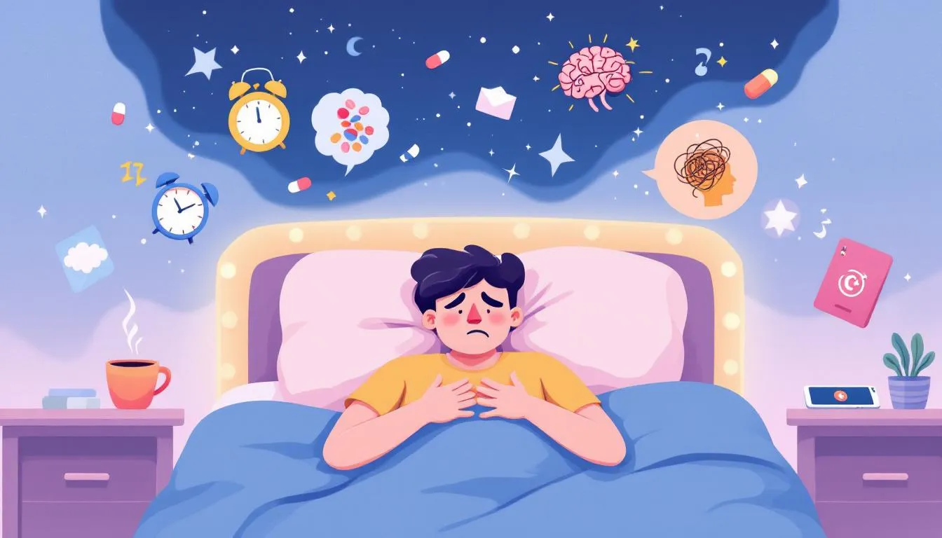 A person looking tired and struggling to sleep, representing sleep disorders and poor sleep.