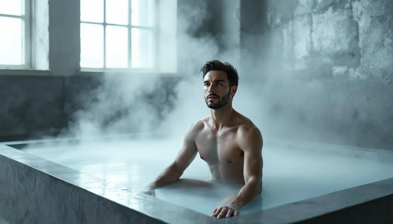 The image depicts an artist immersed in a cold plunge, surrounded by a serene environment that promotes mental clarity and creativity. This cold water immersion is part of their routine for enhancing creative insights and boosting their creative process.