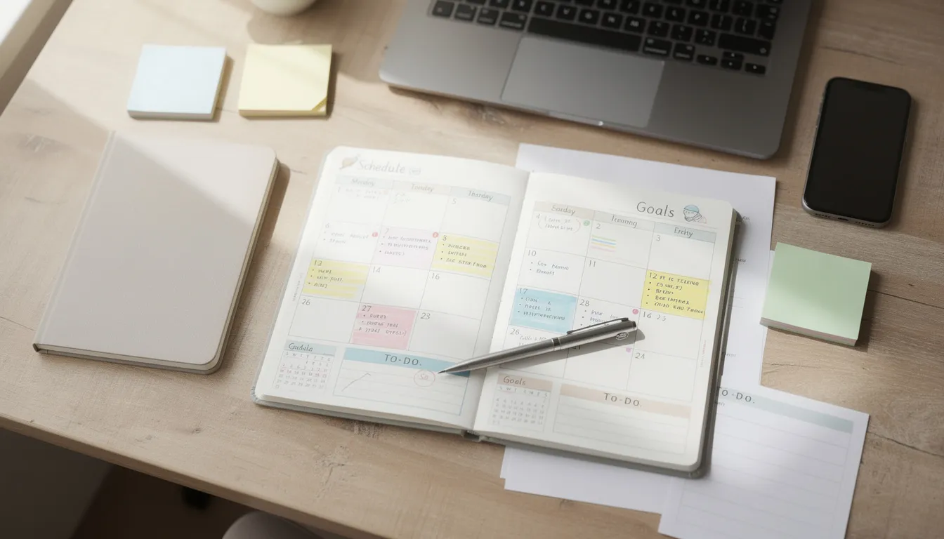 Sur un bureau, un calendrier et des documents de planification sont disposés, évoquant des réflexions sur le départ de France vers des destinations comme Dubaï ou les Émirats arabes unis, tout en considérant les implications fiscales telles que l'exit tax et les plus values latentes. Ces éléments suggèrent une préparation minutieuse pour une expatriation réussie.