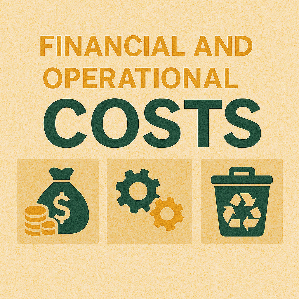 Infographic with icons of a money bag and coins, gears, and a recycling bin. Text highlights hidden financial and operational costs of plastic packaging.