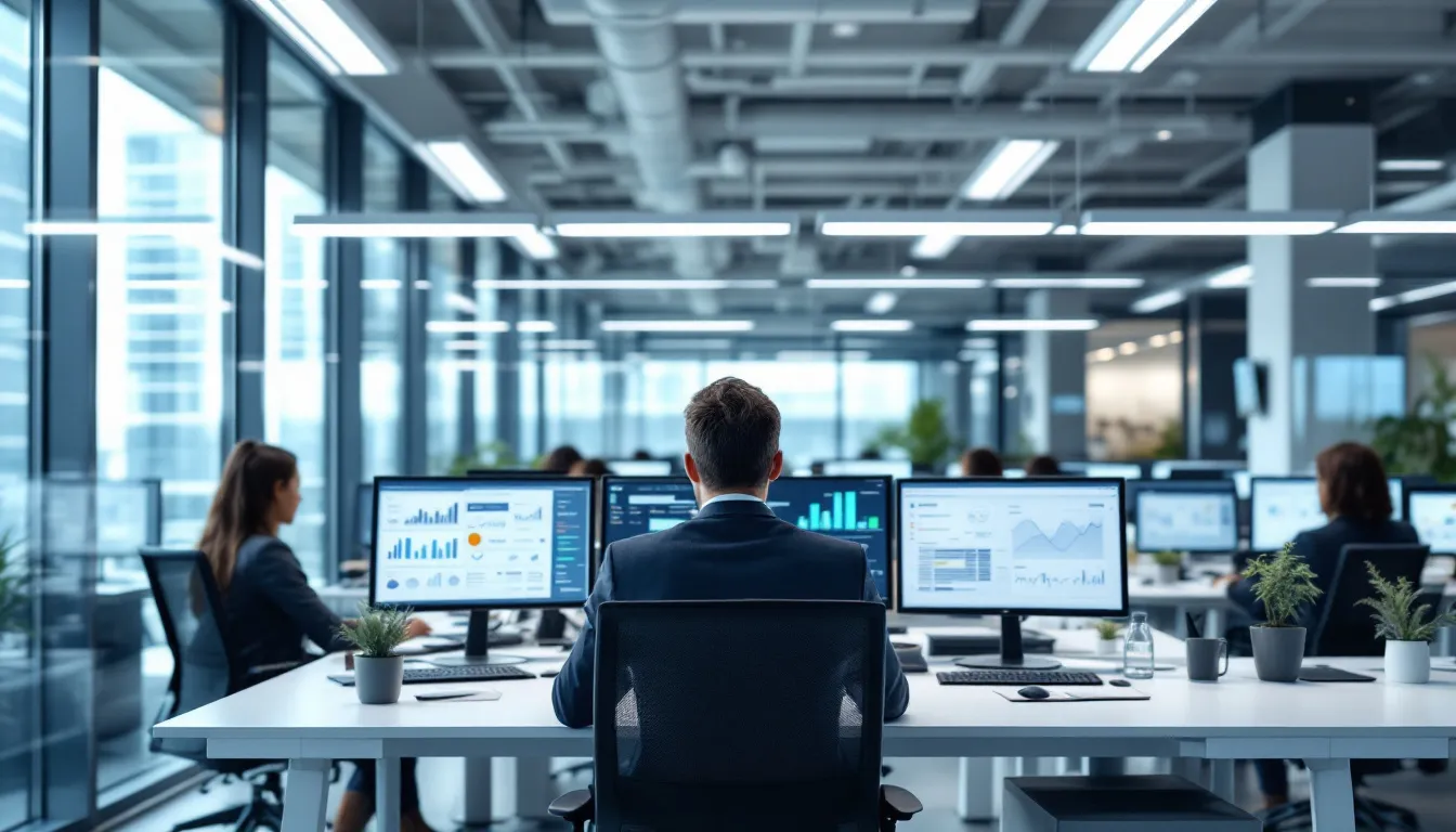 Um escritório moderno apresenta profissionais concentrados na análise de dados digitais em múltiplas telas, refletindo a importância da avaliação de empresas e do valor econômico no contexto atual do mercado. A atmosfera é de colaboração, com gráficos e informações visuais que ajudam na tomada de decisões estratégicas.