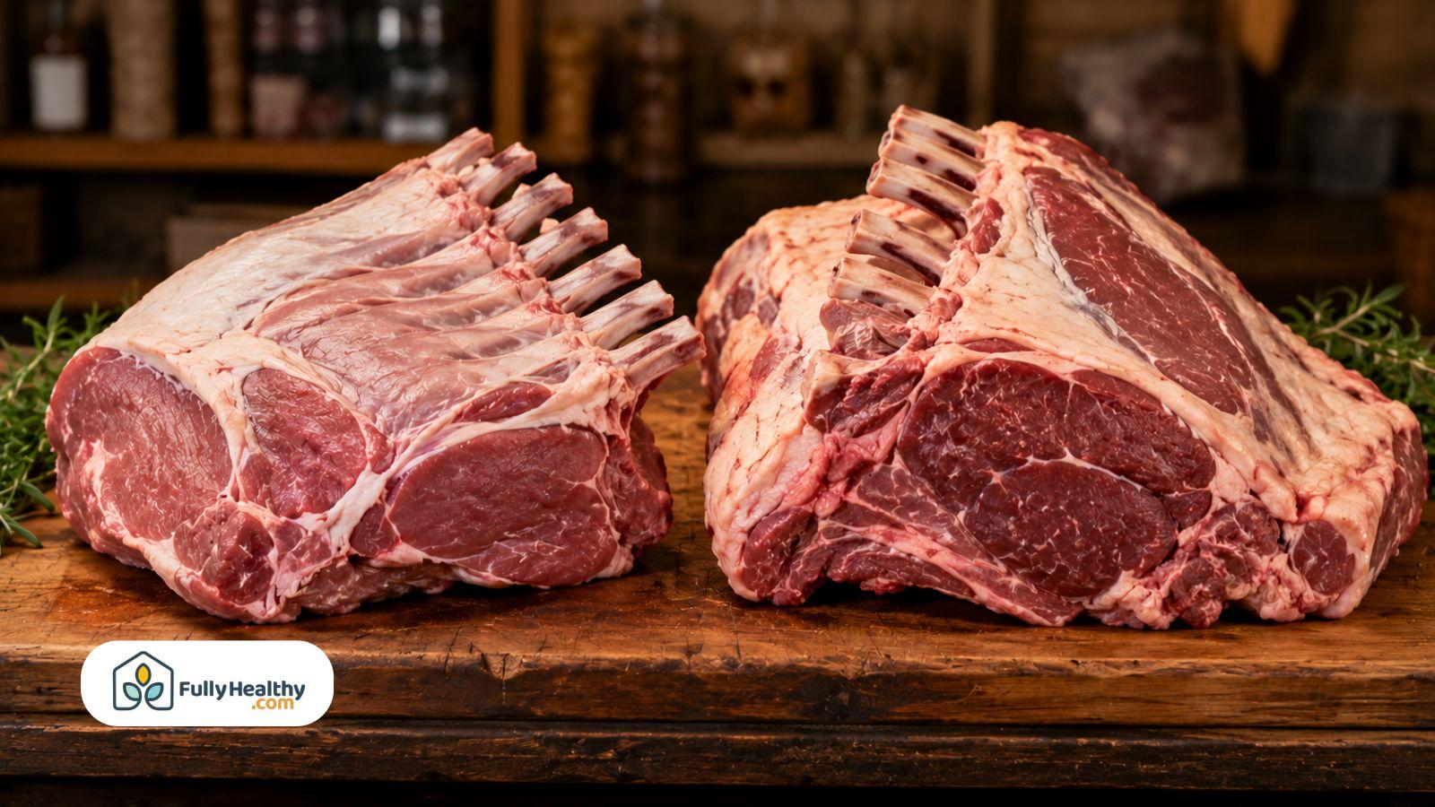 Raw lamb meat and mutton displayed side by side on a wooden butcher block.