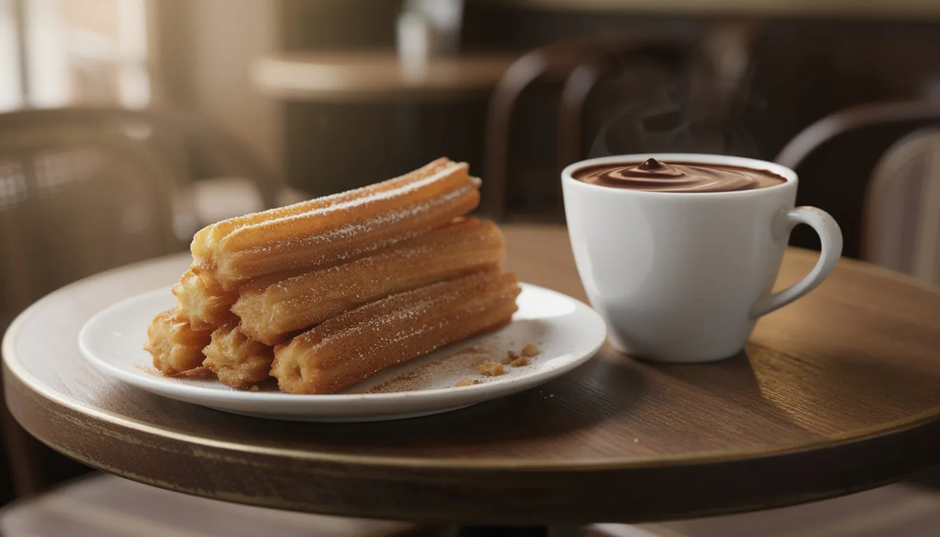 Na stoliku kawiarnianym znajduje się talerz z churros oraz filiżanka gorącej czekolady, co tworzy idealne połączenie na zimowy wieczór, szczególnie podczas sylwestrowej nocy w Hiszpanii. Churros, popularny hiszpański przysmak, idealnie komponują się z gęstą czekoladą, co sprawia, że są doskonałym wyborem na spotkania z rodziną i przyjaciółmi.