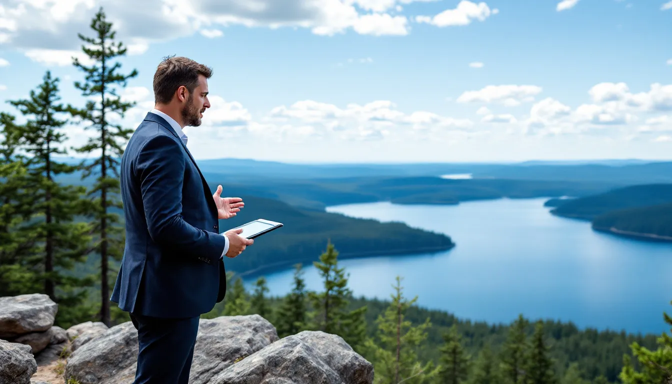 A nonprofit attorney stands confidently in front of a picturesque Minnesota landscape, offering guidance on regulatory compliance and legal issues for nonprofit organizations. The scene captures the essence of providing legal and business support to empower nonprofits in their mission while ensuring adherence to tax exempt regulations and governance requirements.