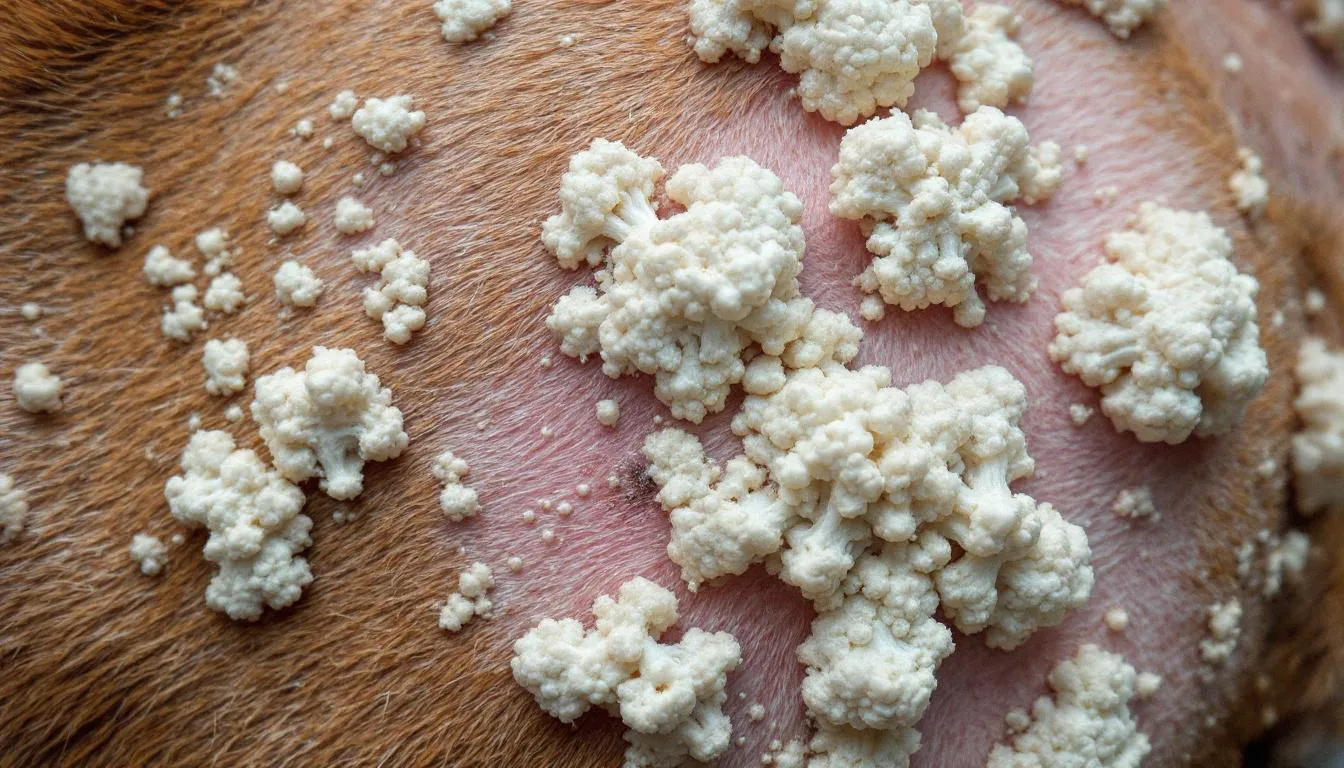 A close-up view of cauliflower-textured wart growths on a dog