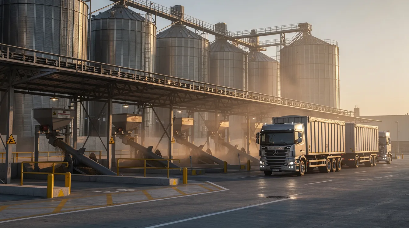 The image shows a large ethanol manufacturing plant featuring industrial grain silos and conveyor systems, with trucks approaching for unloading raw materials. This facility is designed for efficient ethanol production and operational flexibility, highlighting its capacity to manage feedstock like corn and sugarcane.