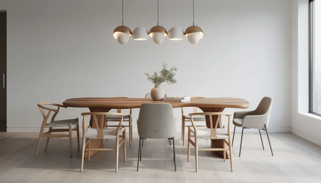 In een moderne eetkamer staat een kiezelvormige eiken eettafel met een organische vorm, omringd door stoelen in verschillende stijlen. Boven de tafel hangen stijlvolle pendant lamps die de ruimte een warme uitstraling geven.