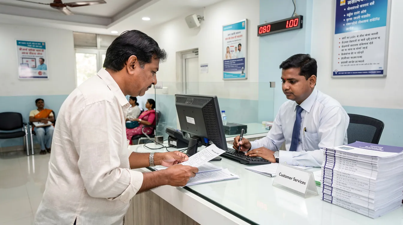 062c8c72 21c7 4215 8016 16fa5341ce98 A small business owner is engaged in a discussion with a bank officer at a branch counter in India, reviewing documents related to their micro enterprise and exploring options for financial assistance under the Pradhan Mantri Mudra Yojana. The interaction highlights the importance of a satisfactory credit track record for eligible borrowers seeking loans to support their business growth and development needs.