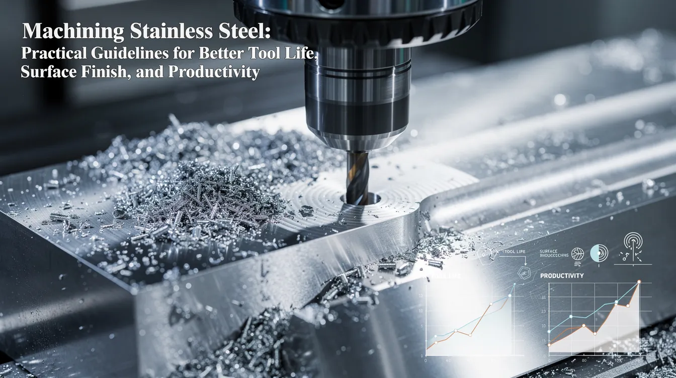 The image depicts a workshop scene focused on machining stainless steel, showcasing various tools and equipment used for stainless steel machining operations. It highlights carbide tooling and milling cutters, emphasizing the importance of correct tooling selection and cutting speeds for achieving high-quality stainless steel parts with good surface finish and tool life.