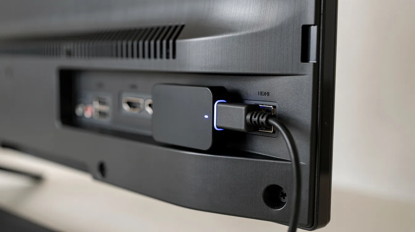 A close-up image shows a compact streaming device, such as an Amazon Fire TV Stick or an Android TV box, plugged into the HDMI port on the back of a television. This device allows users to access various IPTV services, enabling them to watch live TV channels and on-demand content with high streaming quality.