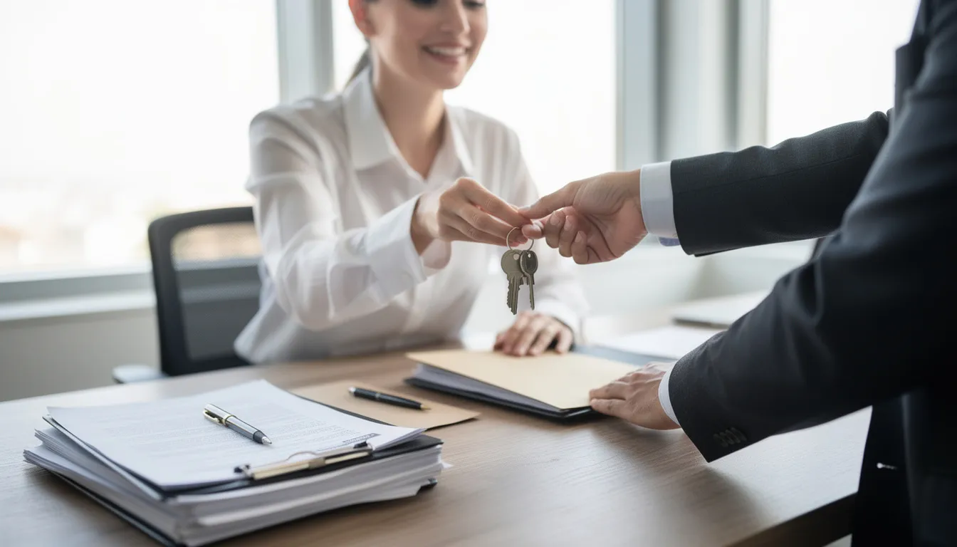 A person is sitting at a closing table, smiling as they receive keys to their new home, symbolizing the successful completion of the cash sale process. This moment reflects the ease of working with cash buyers who offer fair cash offers without hidden fees, allowing homeowners to sell their property as is.