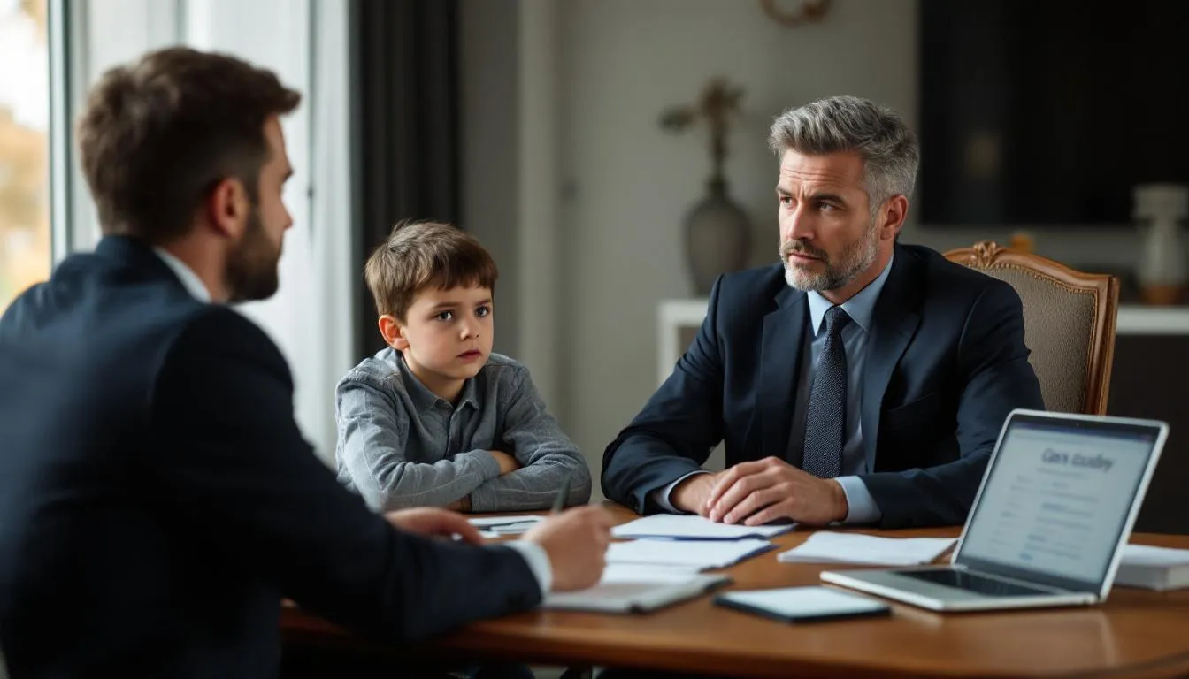 Na ilustracji widoczny jest rodzic z dzieckiem, w kontekście prawnym dotyczącym ustalenia miejsca pobytu dziecka. Scena odzwierciedla troskę o dobro dziecka oraz kwestie związane z władzą rodzicielską i postępowaniem sądowym.