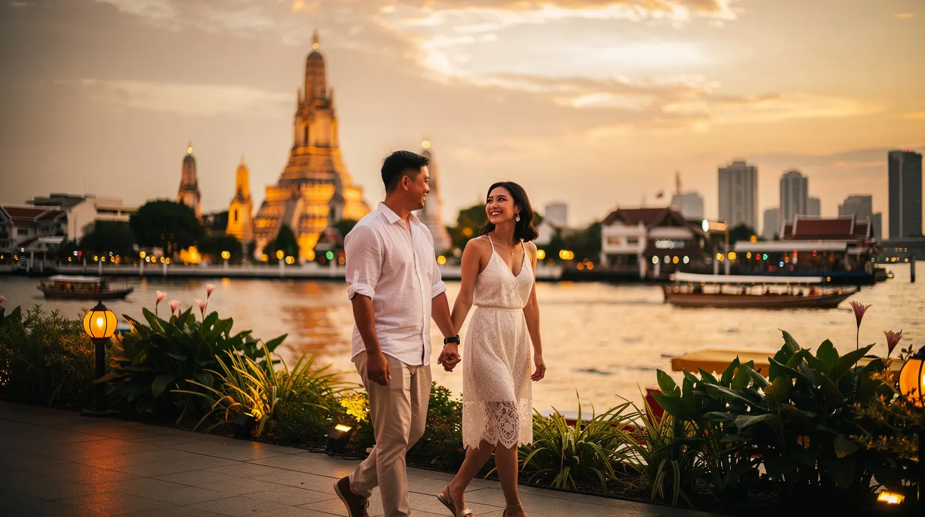 A imagem retrata um casal em lua de mel em Bangkok, cercado por templos budistas e a vibrante vida noturna da cidade. Ao fundo, é possível ver o Grand Palace iluminado, simbolizando a rica história e cultura da Tailândia.